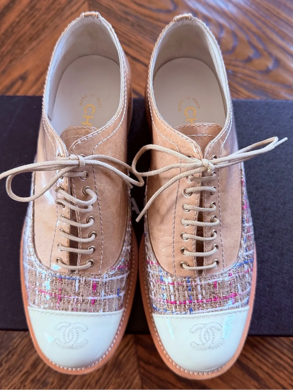 CHANEL Beige Patent Toe & Tweed Lace-Up Oxfords